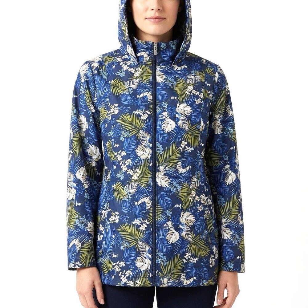 Womens Susan Graver Blue Floral Sz M Packable Water Resistant Anorak Jacket Hood